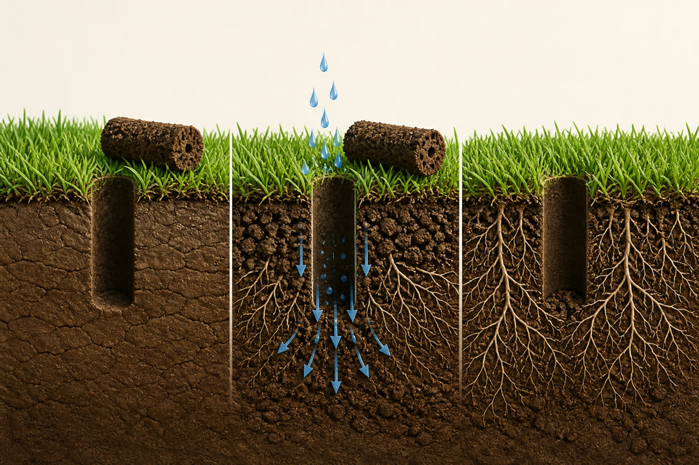 Illustration showing aeration channels helping water enter compacted soil and reach lawn roots